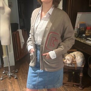 Vintage Varsity Sweater Gray Sz M Cardigan with Red G Letter Patch Flawed